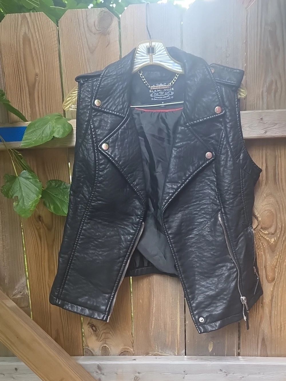 blanc noir Black Faux Leather Moto Vest with Zip Details